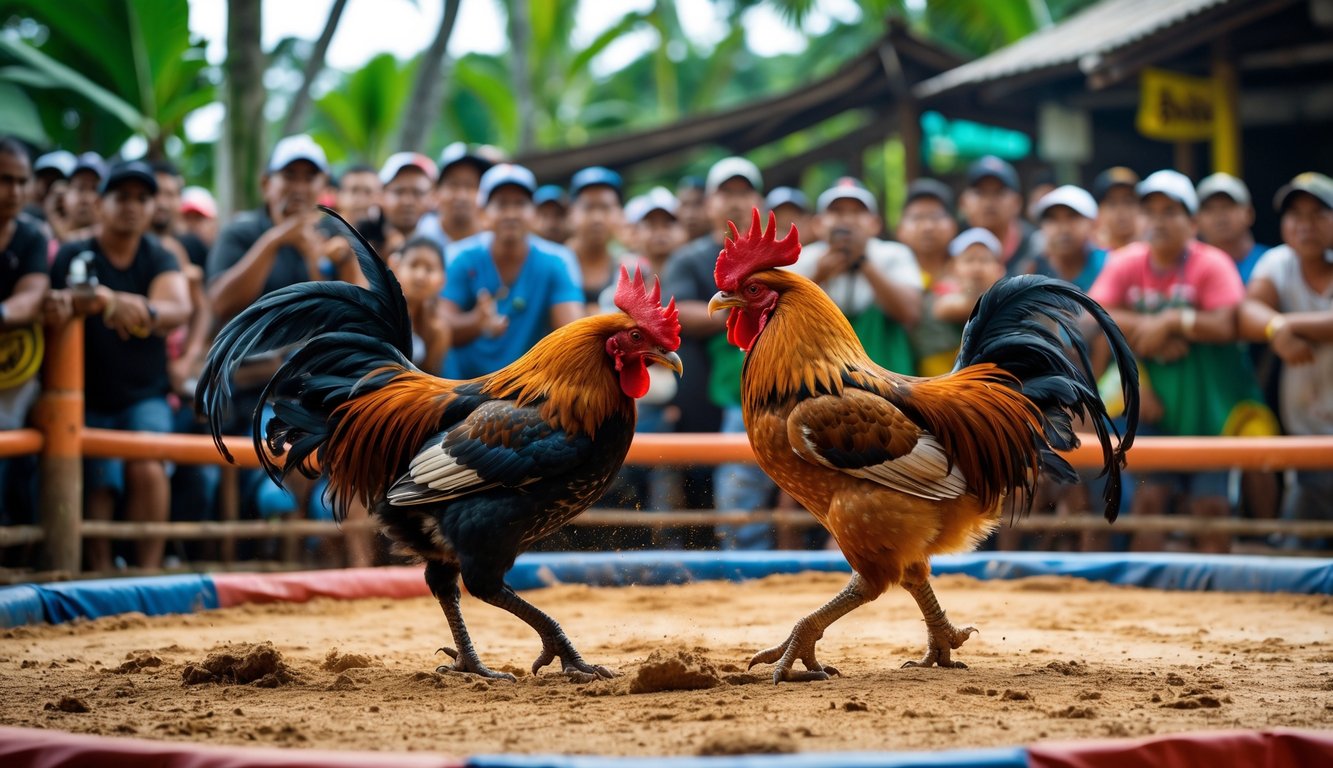 Dua ayam jago sedang bertarung di arena sabung ayam dengan penonton yang antusias di sekelilingnya.