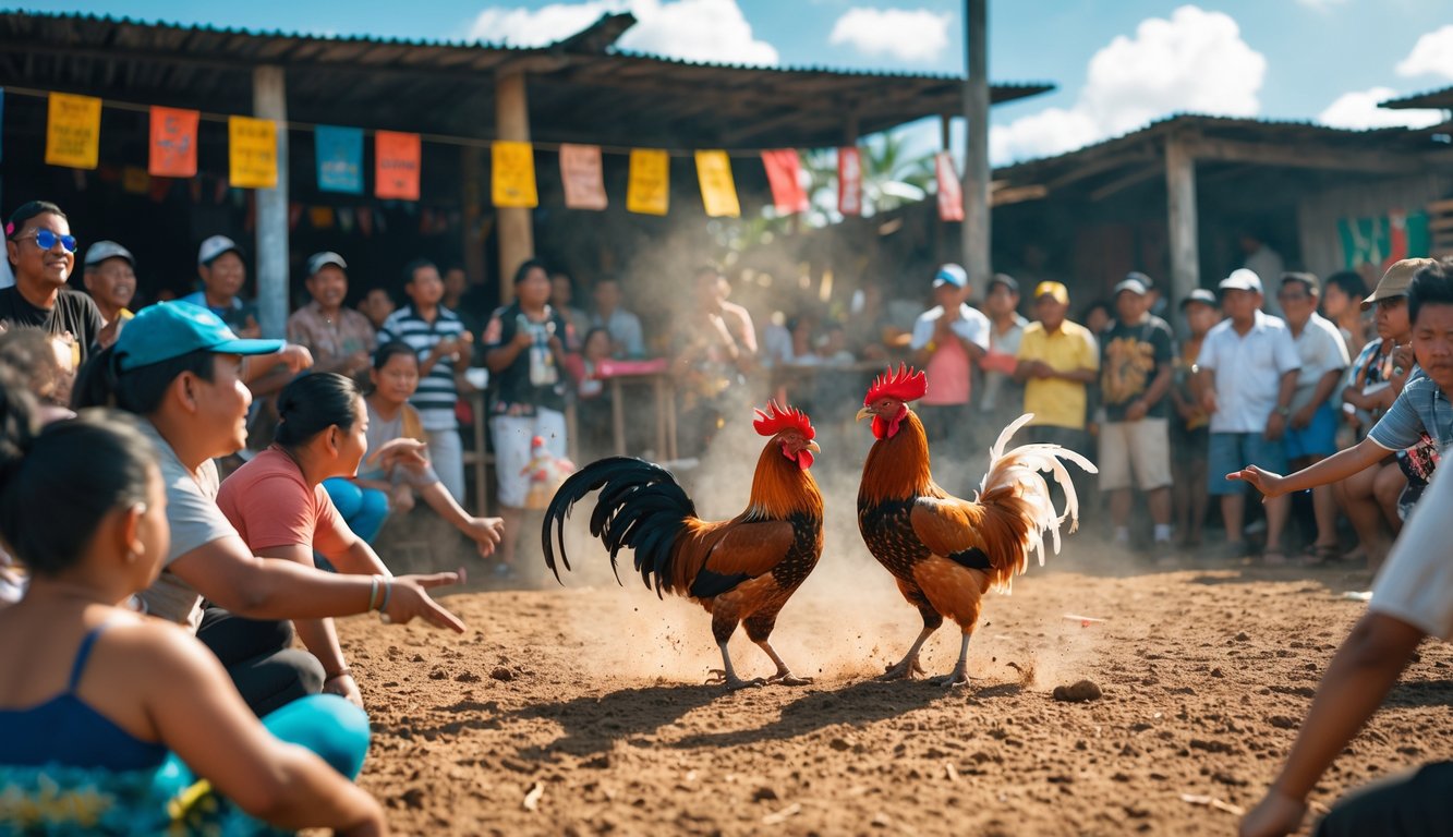 Suasana pertandingan sabung ayam di Filipina dengan penonton yang antusias menyaksikan dua ayam bertarung di arena terbuka.