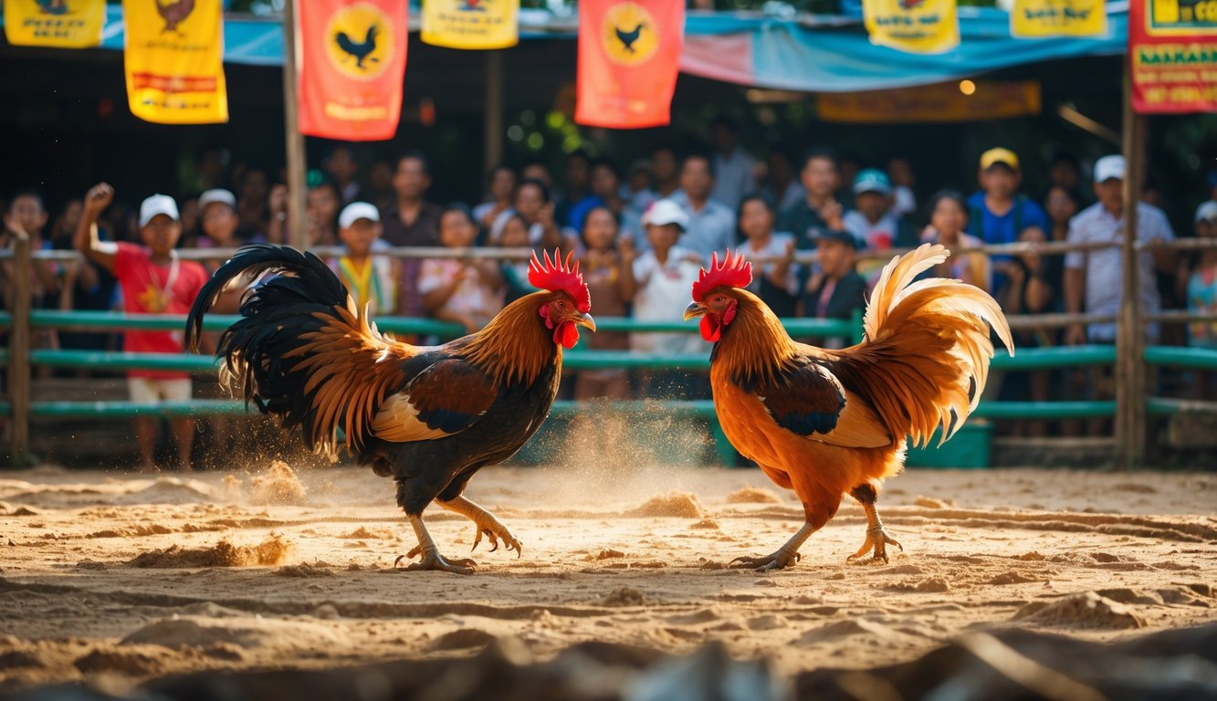 Suasana pertandingan sabung ayam tradisional Filipina dengan dua ayam jago bertarung di arena dan penonton yang antusias menyaksikan.