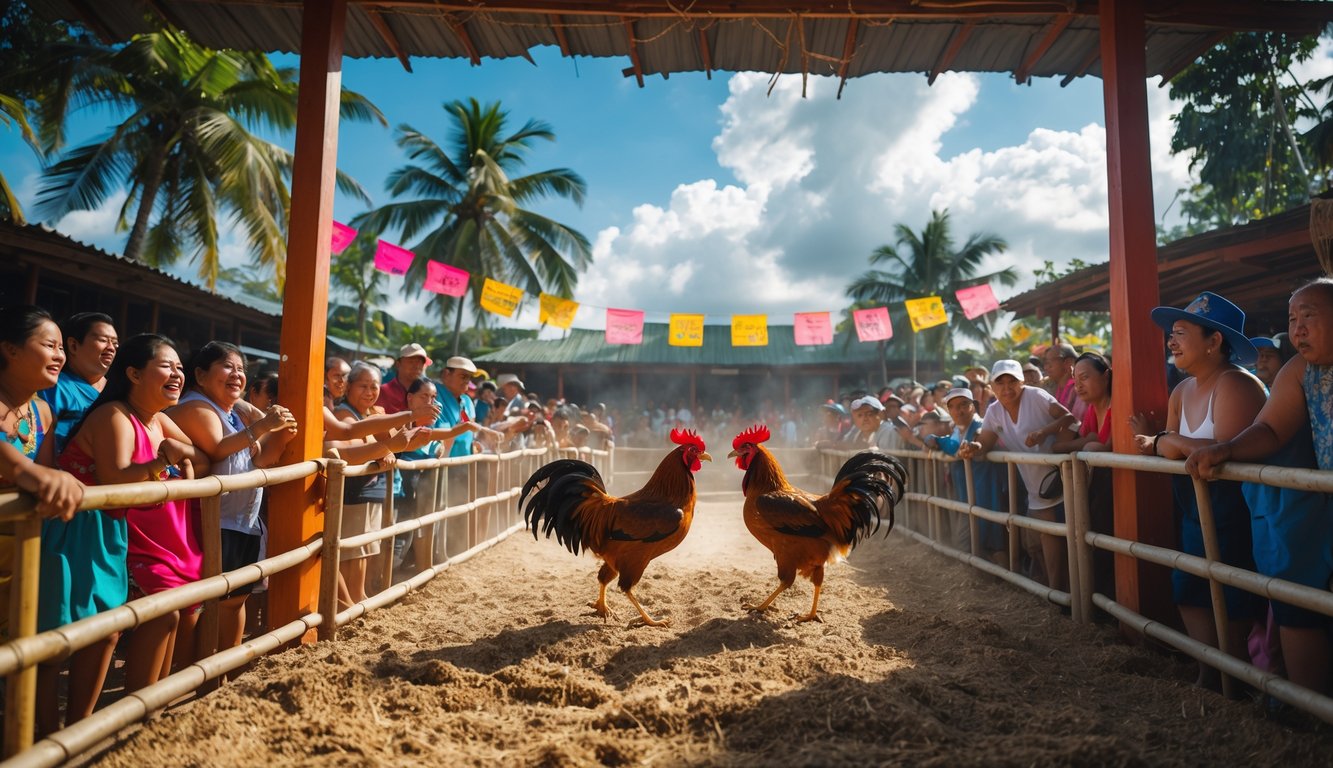 Kerumunan orang menonton pertandingan sabung ayam tradisional di arena terbuka dengan dua ayam jago bertarung di tengah.