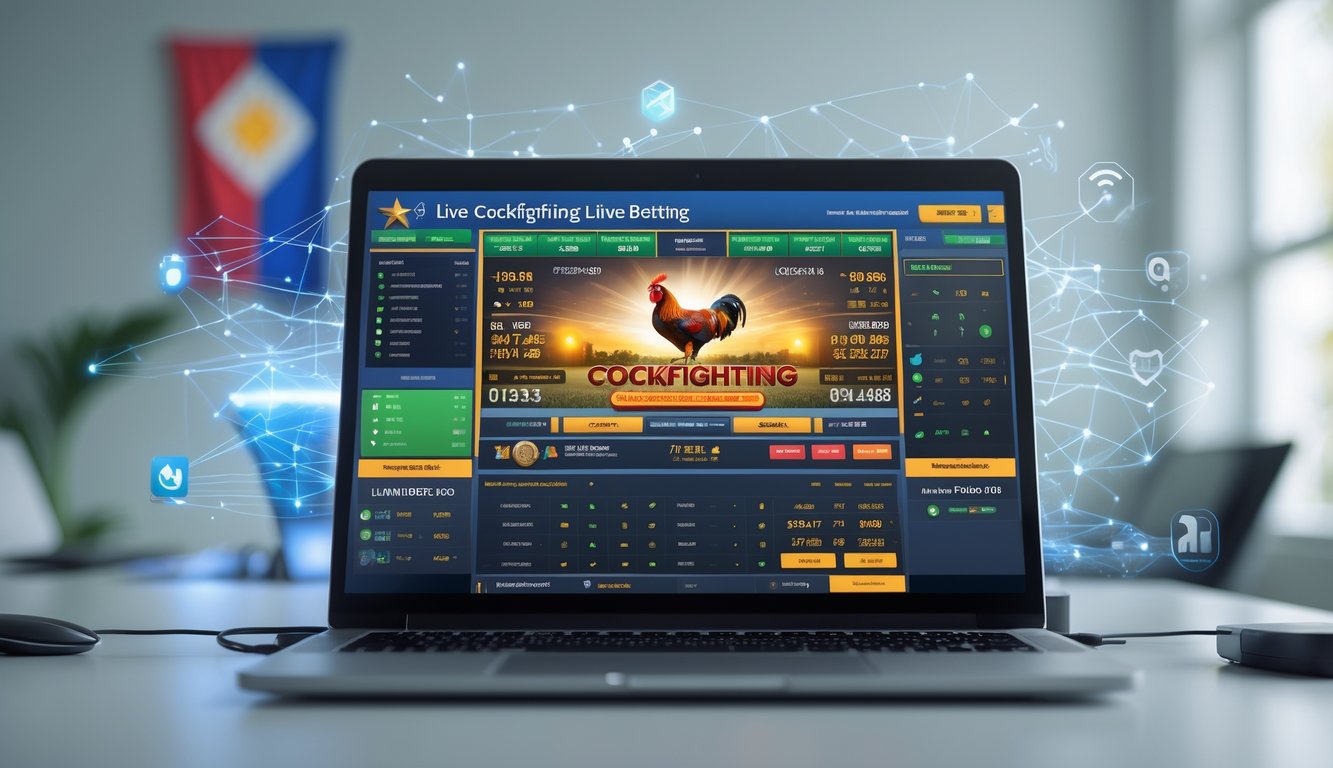 Seorang pria menggunakan komputer dengan layar yang menampilkan pertandingan sabung ayam secara langsung dari Filipina dalam suasana kerja yang modern.