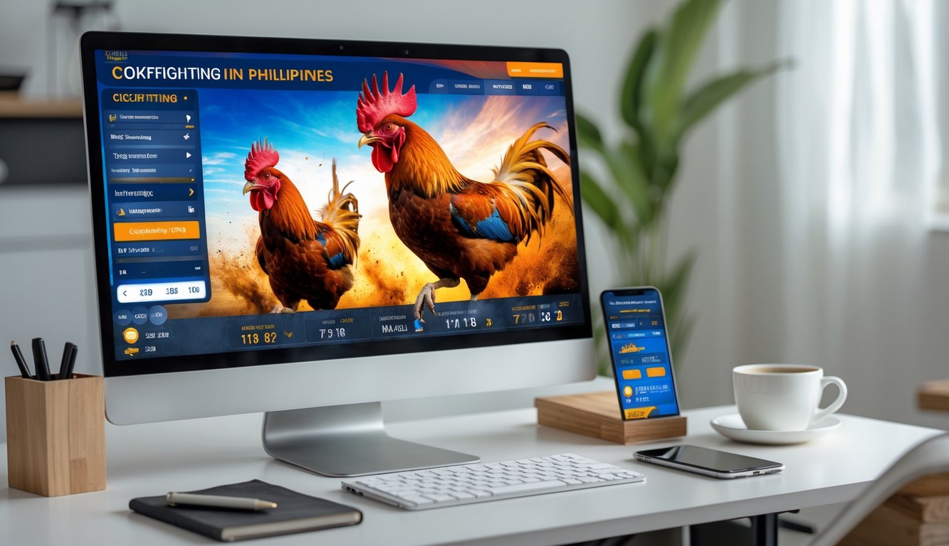Sebuah ruang kerja modern dengan komputer menampilkan siaran langsung sabung ayam dan perangkat pendukung taruhan online.