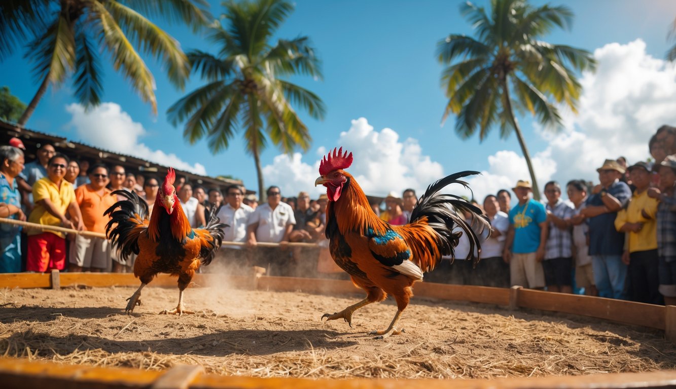 Suasana pertandingan sabung ayam tradisional Filipina di luar ruangan dengan kerumunan penonton yang antusias dan dua ayam jago sedang bertarung.