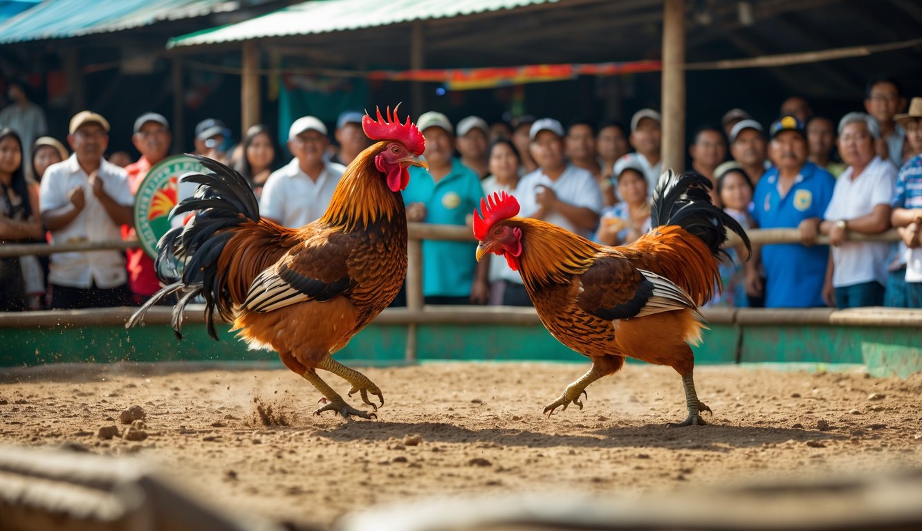 Dua ayam jago sedang bertarung di arena sabung ayam dengan penonton yang antusias menyaksikan dari sekitar.