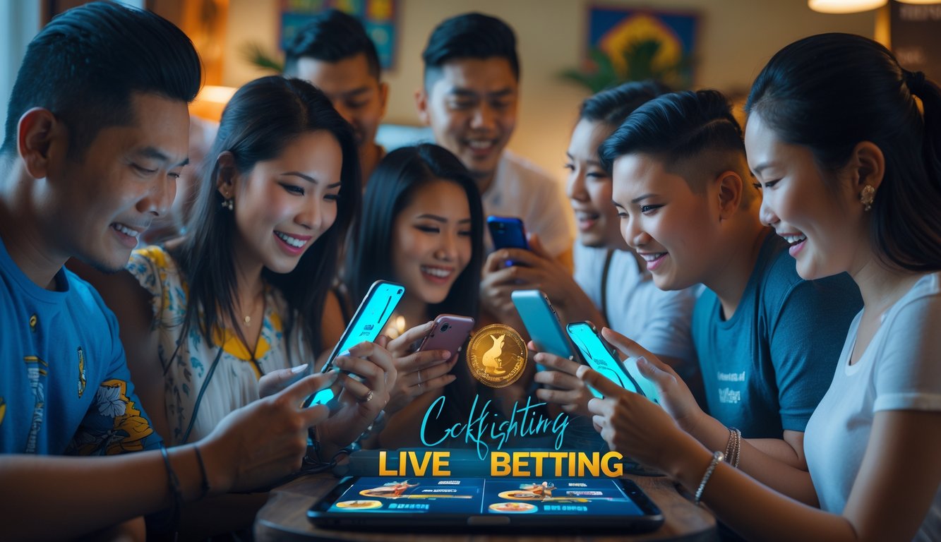 Sekelompok orang muda menggunakan ponsel dan tablet di ruangan dengan dekorasi budaya Filipina, tampak fokus dan antusias saat mengikuti aktivitas taruhan sabung ayam secara langsung.