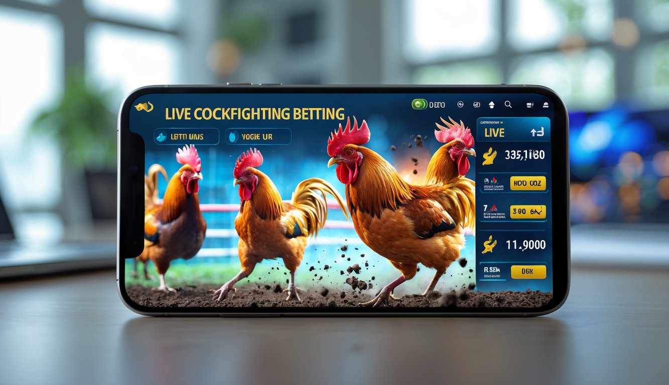 Sebuah ponsel menampilkan aplikasi taruhan sabung ayam live dengan grafik ayam jago yang sedang bertarung di layar, diletakkan di atas meja kerja yang bersih dan terang.