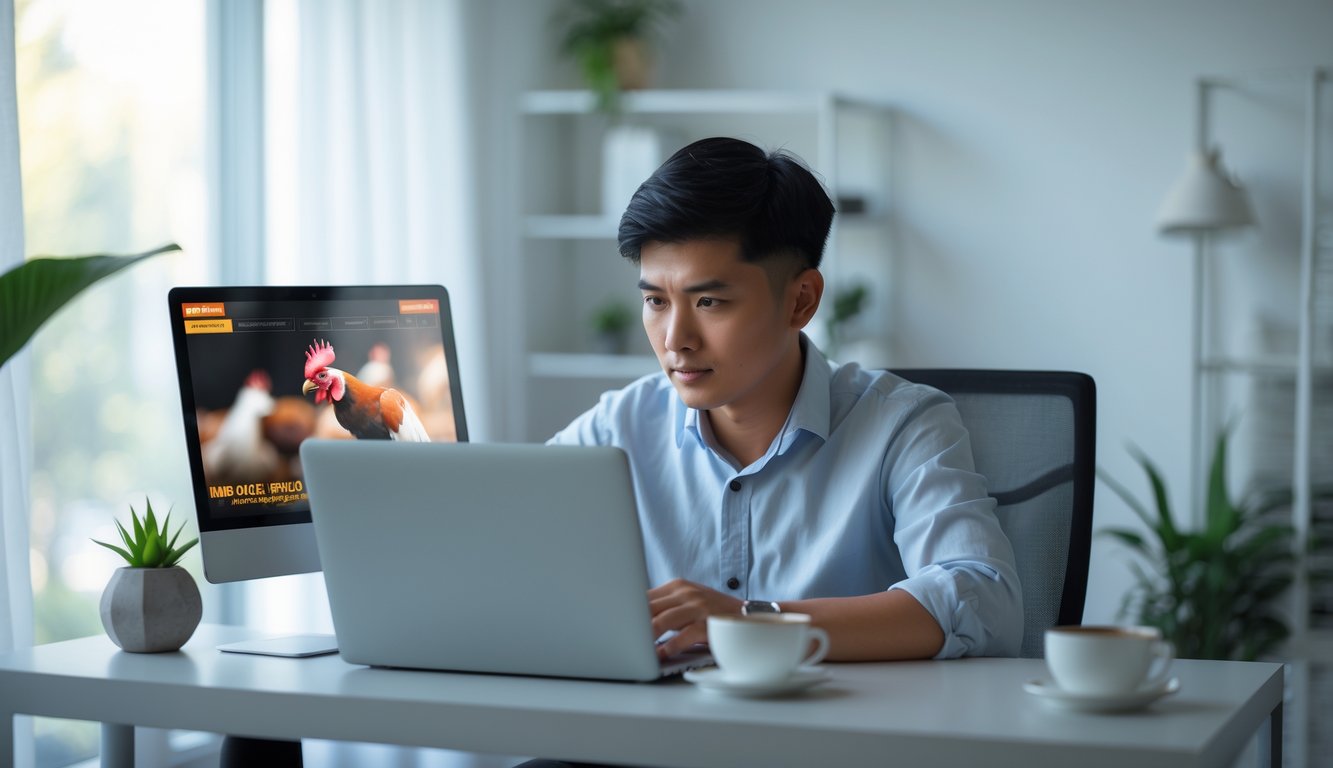 Seorang pria muda sedang menggunakan laptop di meja kerja di rumah dengan pencahayaan alami.