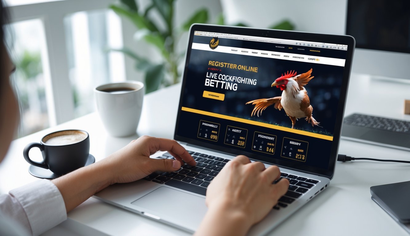 Seseorang sedang menggunakan laptop untuk mendaftar taruhan sabung ayam secara live di Filipina di sebuah meja kerja yang rapi dan terang.