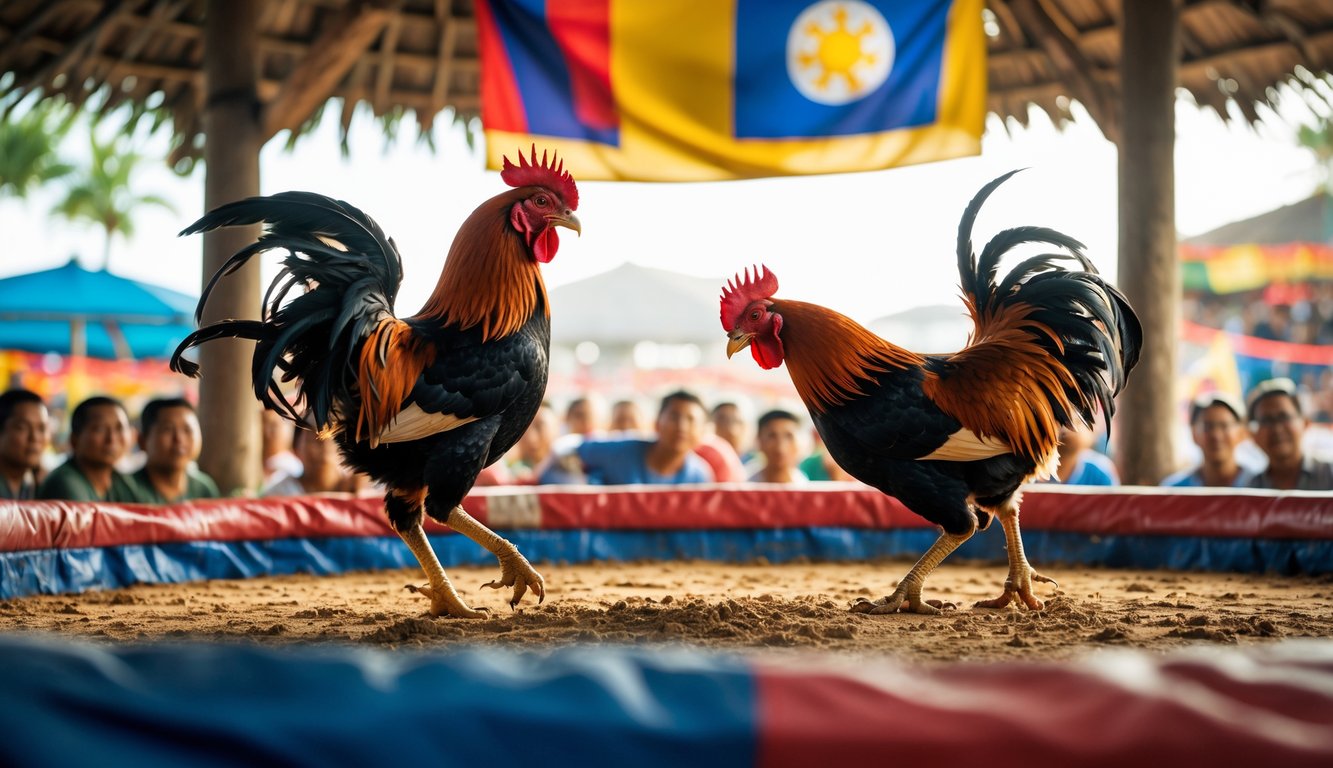 Dua ayam jago sedang bertarung di arena sabung ayam dengan penonton yang antusias di latar belakang.