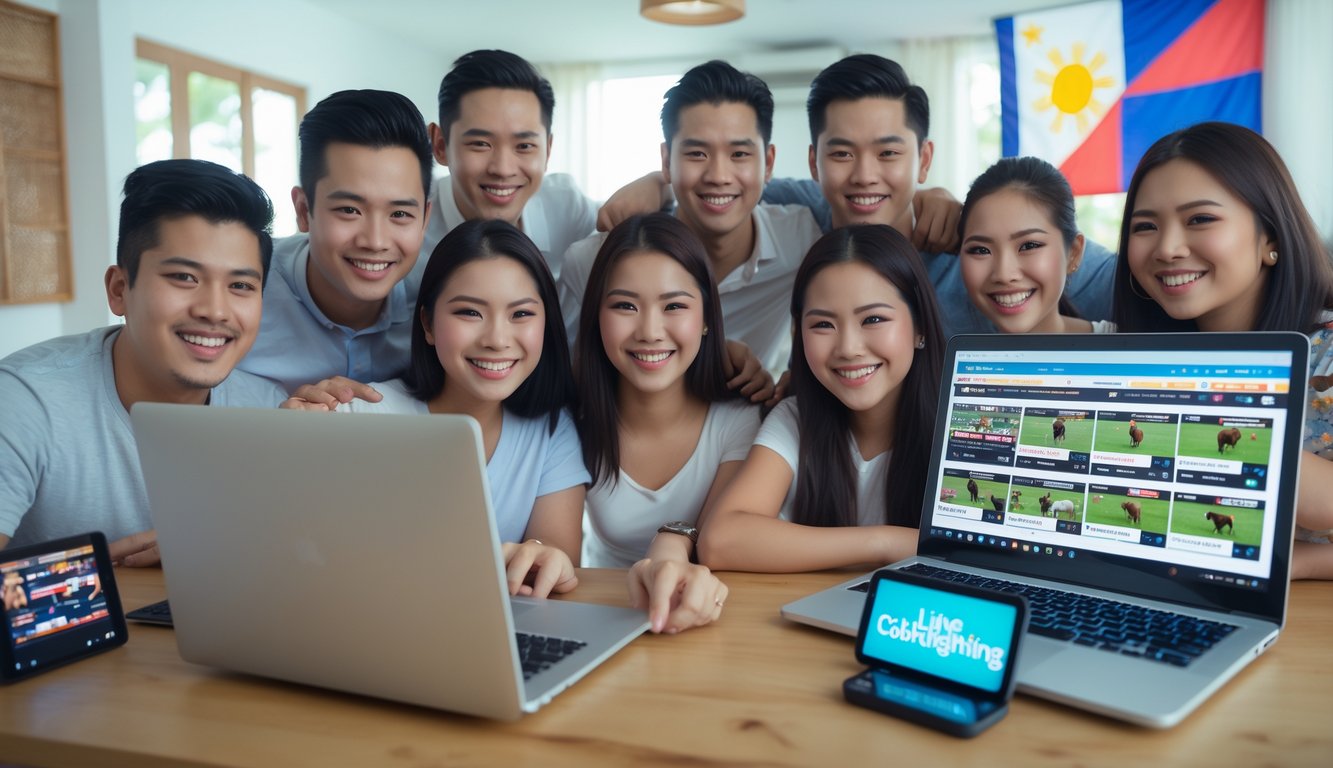 Sekelompok orang muda sedang menggunakan perangkat digital untuk menonton dan bertaruh pada pertandingan sabung ayam secara langsung di sebuah ruang tamu yang terang dan rapi.