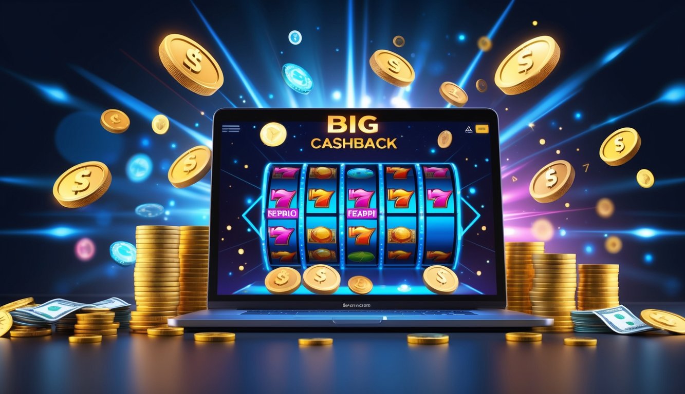 Seorang pengguna bermain slot online dengan perangkat digital, dikelilingi oleh tumpukan koin dan simbol bonus yang menggambarkan hadiah cashback dan bonus harian.