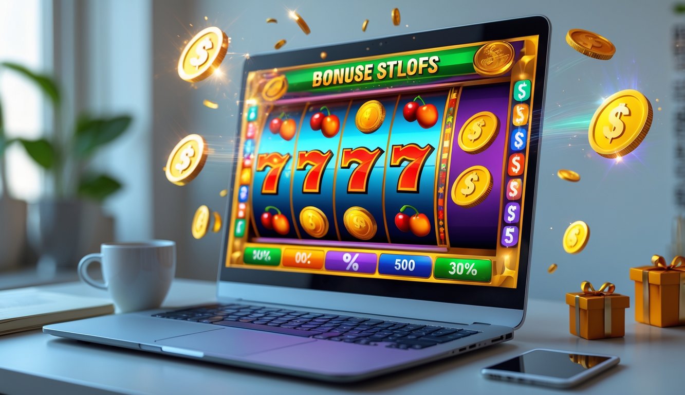 Seorang pemain menggunakan komputer dengan tampilan permainan slot online berwarna-warni dan simbol bonus di sekitarnya.
