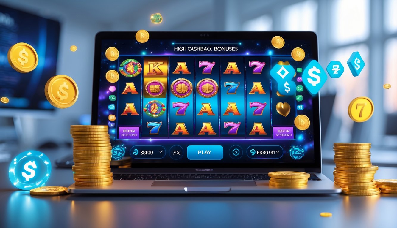 Seorang pengguna sedang bermain slot online di komputer dengan latar ruang kerja modern dan elemen koin serta simbol bonus di sekitarnya.