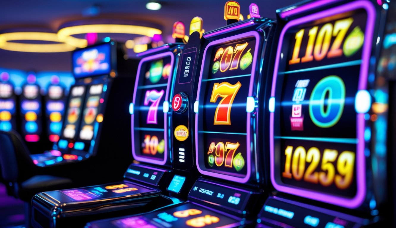 Seseorang bermain mesin slot online dengan tampilan digital modern dan simbol warna-warni di layar.