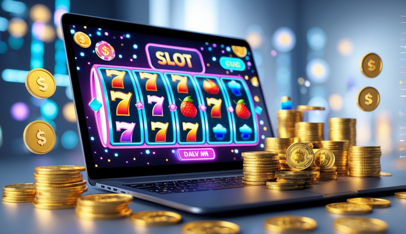 Sebuah laptop menampilkan permainan mesin slot online dengan koin emas dan tumpukan uang di sekitarnya, menggambarkan suasana permainan slot online resmi dengan bonus dan cashback.