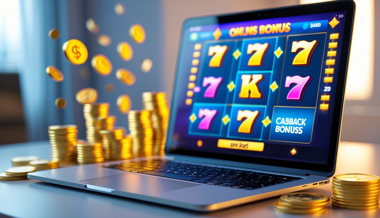 Sebuah komputer dengan layar menampilkan permainan slot online berwarna cerah dengan koin emas dan tumpukan uang di sekitarnya sebagai simbol bonus dan cashback.
