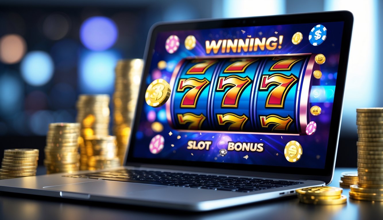 Seorang pengguna sedang bermain mesin slot online di laptop dengan koin emas dan chip kasino di sekitarnya.