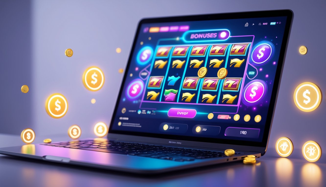 Seseorang menggunakan komputer dengan tampilan permainan slot online yang berwarna-warni dan ikon bonus di sekitarnya.