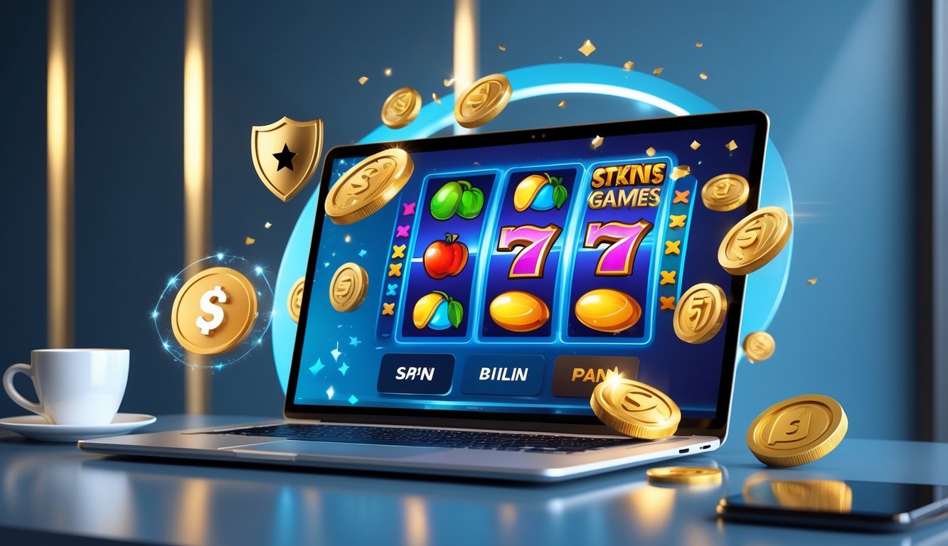 Seorang pengguna komputer dengan layar menampilkan permainan slot online berwarna cerah, di sekitar terdapat simbol koin dan ikon keamanan yang menunjukkan bonus dan kepercayaan.