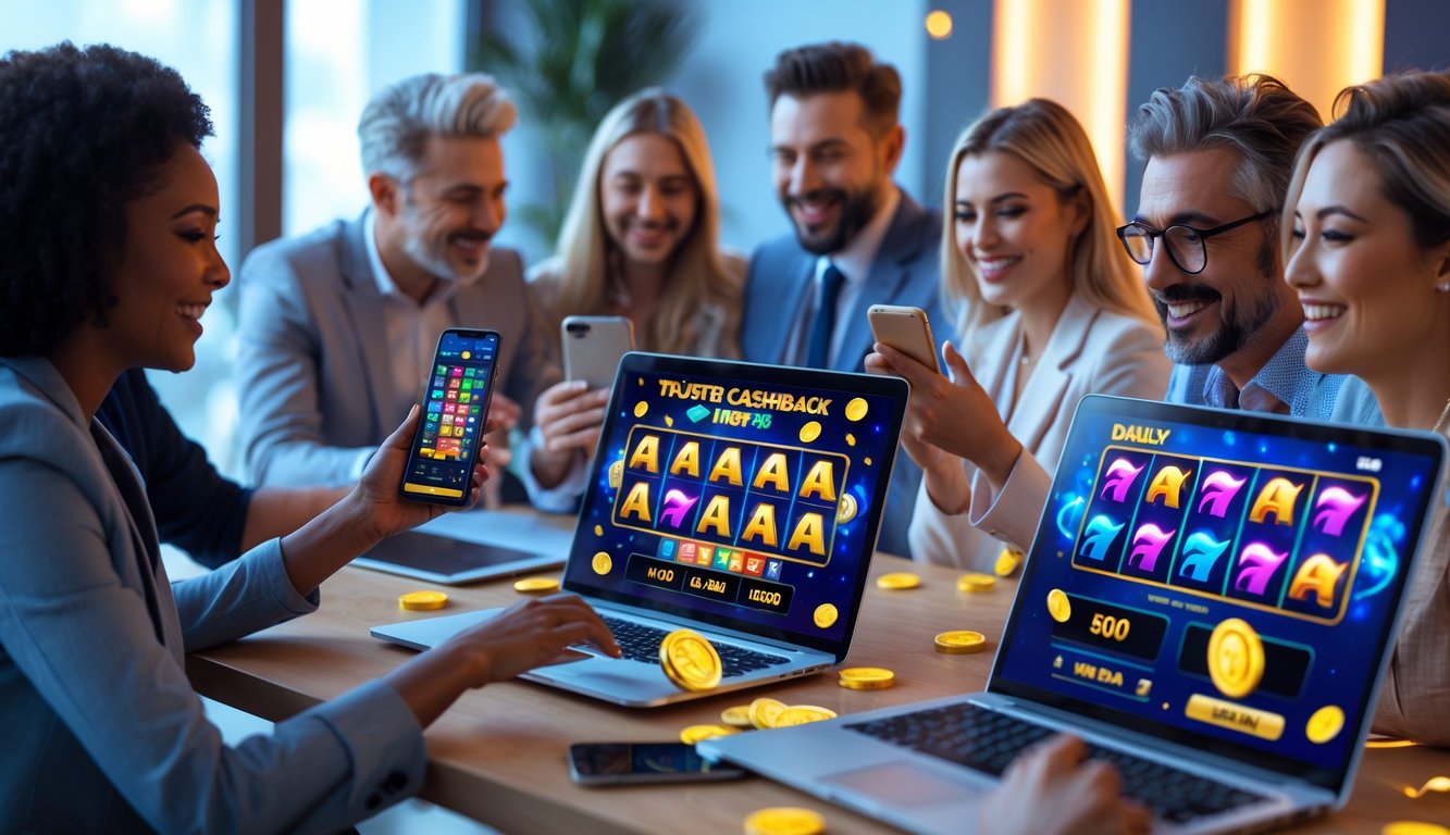 Beberapa orang sedang bermain permainan slot online di perangkat digital dengan suasana ruangan yang nyaman dan aman.