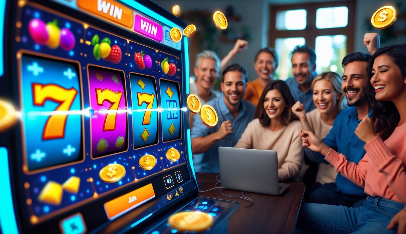 Orang-orang yang sedang bermain game slot online dengan ekspresi senang dan latar belakang layar permainan yang berwarna-warni.