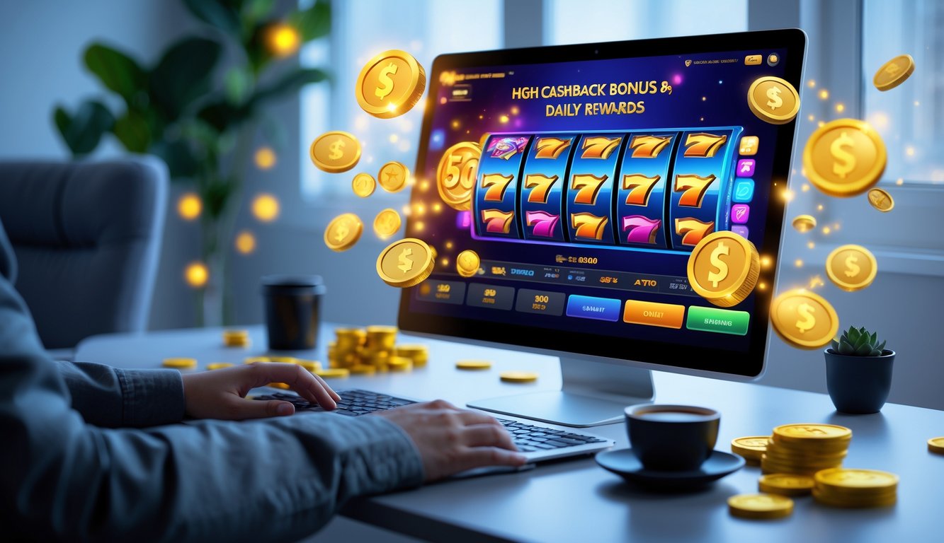 Seorang pemain duduk di depan komputer dengan layar menampilkan permainan slot online berwarna-warni dan koin emas di sekitarnya.