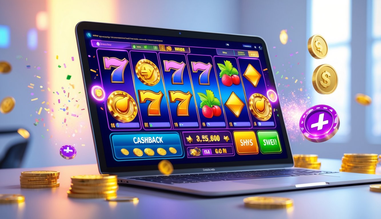 Sebuah layar perangkat menampilkan permainan mesin slot online dengan simbol warna-warni dan koin berkilauan di sekitarnya.