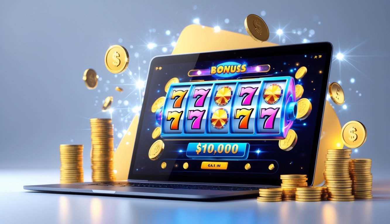 Layar perangkat digital menampilkan permainan slot online dengan simbol jackpot dan koin emas di sekitarnya.