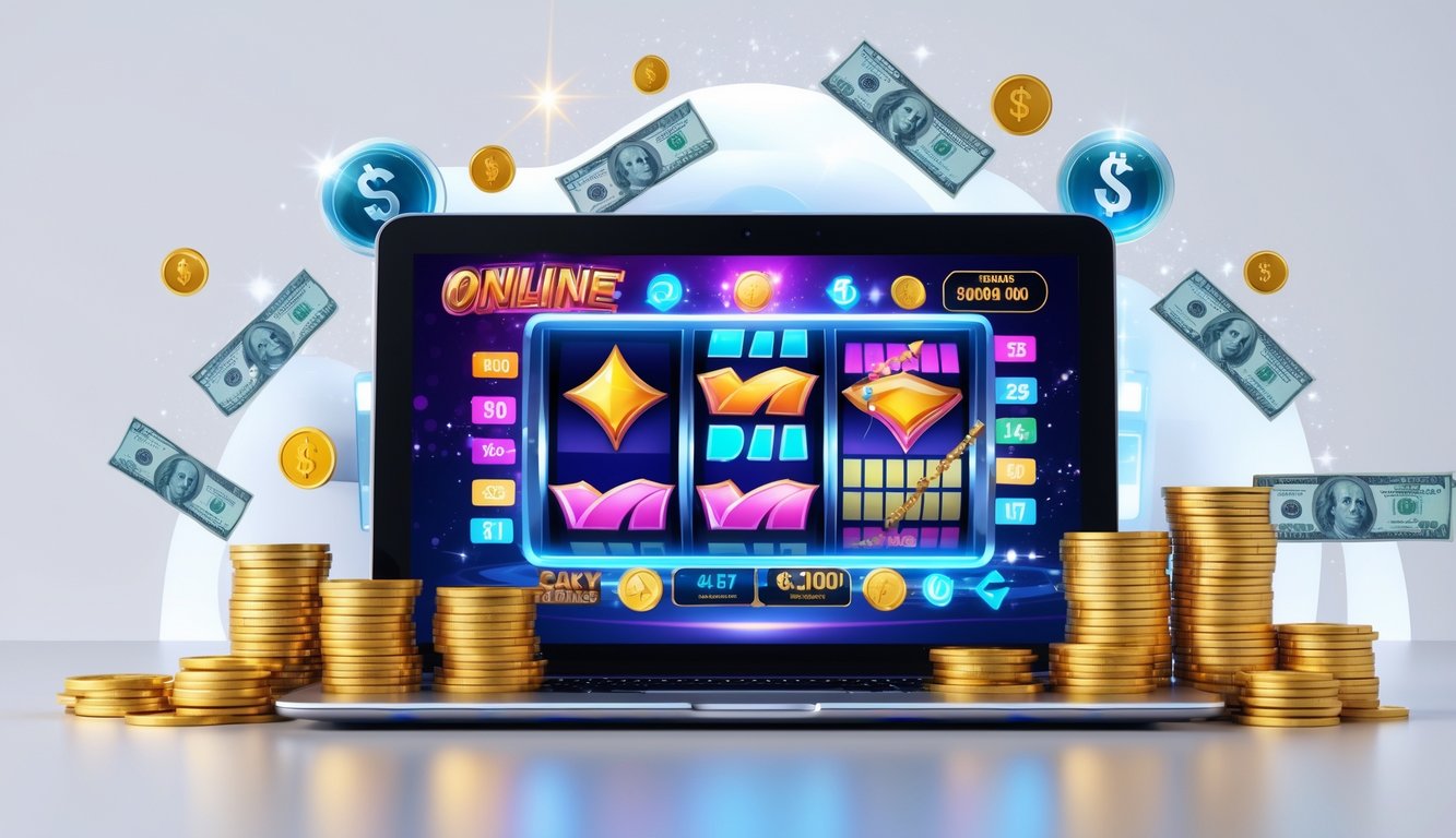 Seorang pengguna bermain game slot online di perangkat digital dengan tumpukan koin dan uang di sekitarnya, menggambarkan bonus dan cashback.