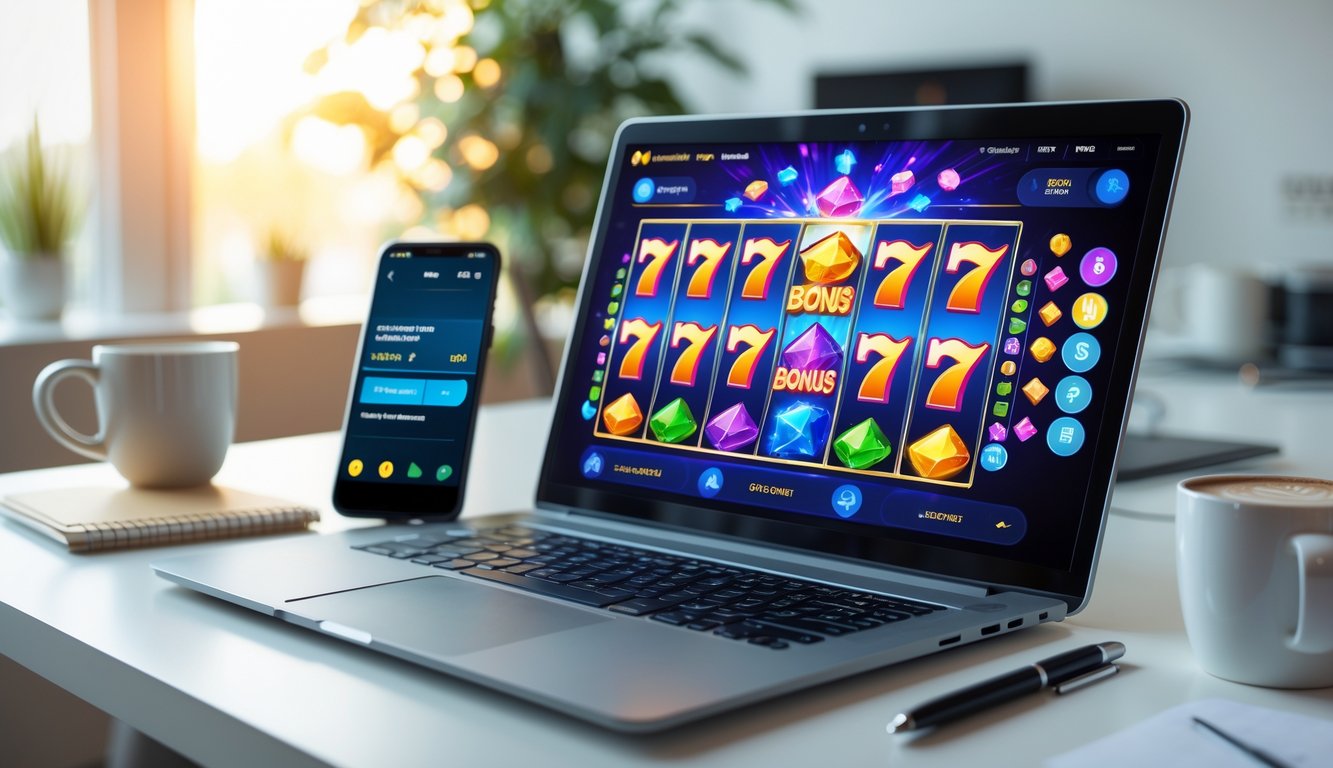 Seseorang menggunakan laptop dan ponsel di meja kerja dengan tampilan permainan slot online dan notifikasi bonus cashback.