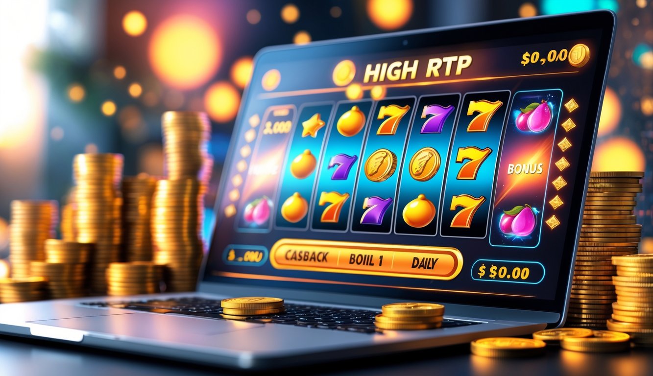 Seseorang menggunakan laptop dengan tampilan permainan slot online yang menampilkan simbol warna-warni dan ikon bonus di sekitarnya.