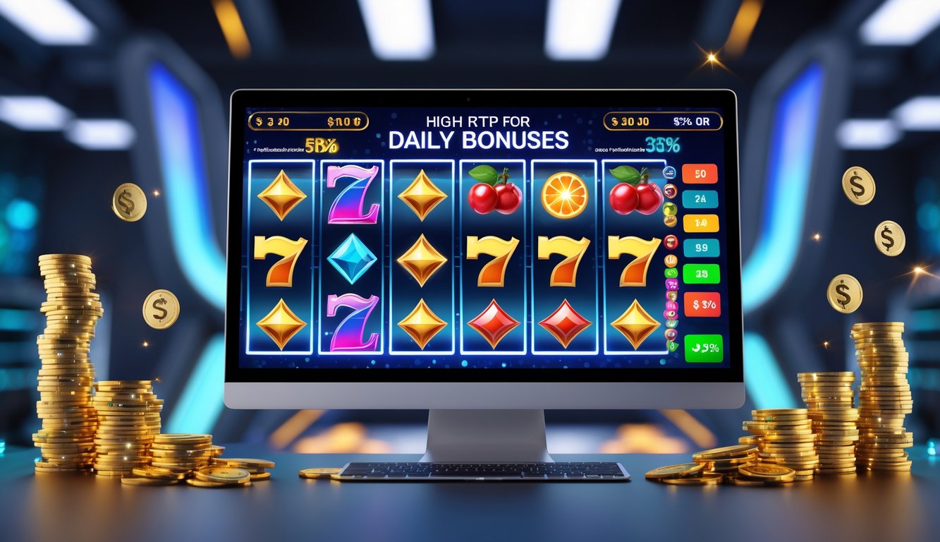 Layar komputer menampilkan permainan slot online dengan simbol warna-warni dan koin emas di sekitarnya.