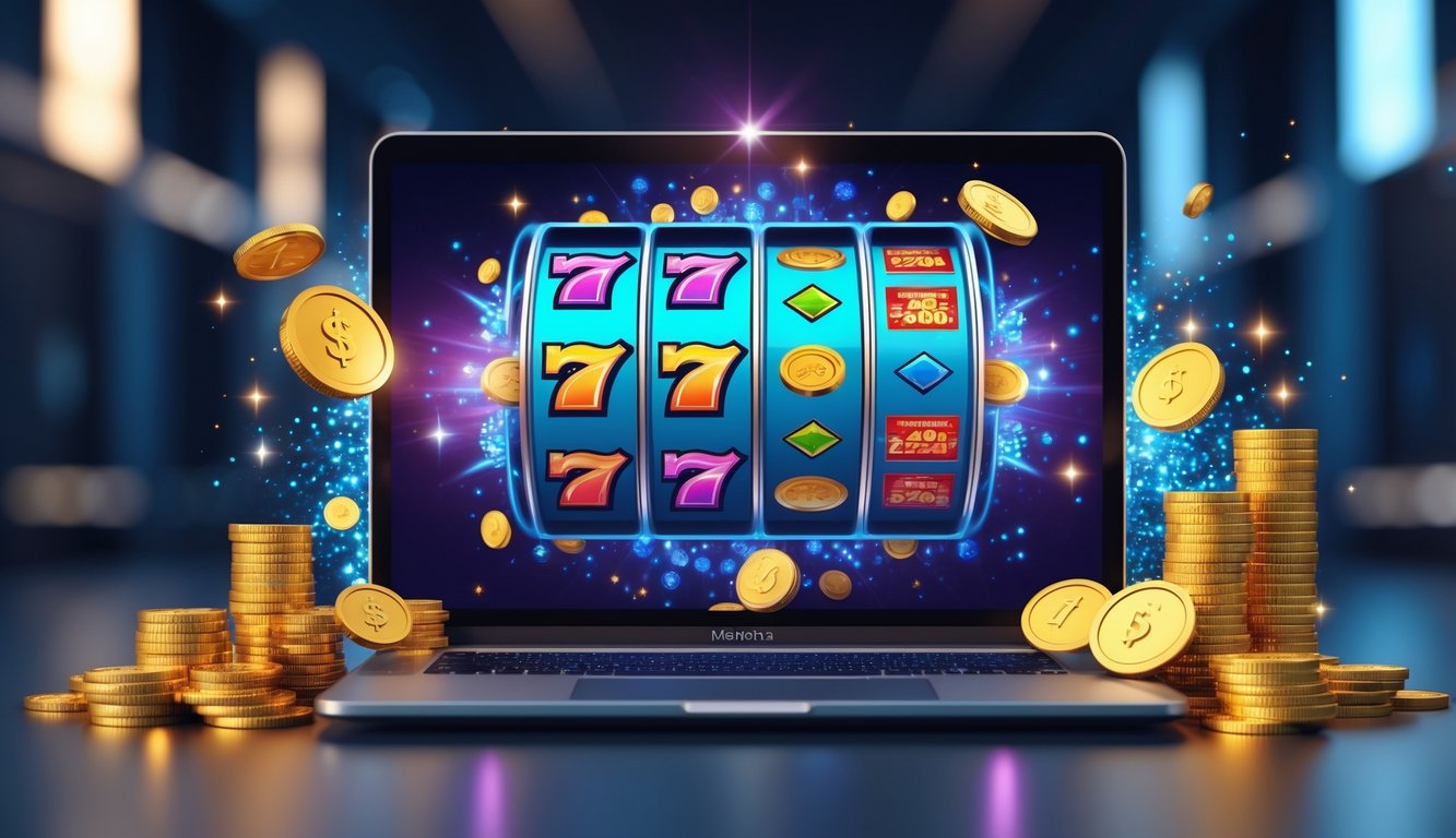 Seorang pengguna sedang bermain mesin slot online di laptop dengan latar belakang modern dan simbol koin serta uang yang menandakan bonus dan cashback.