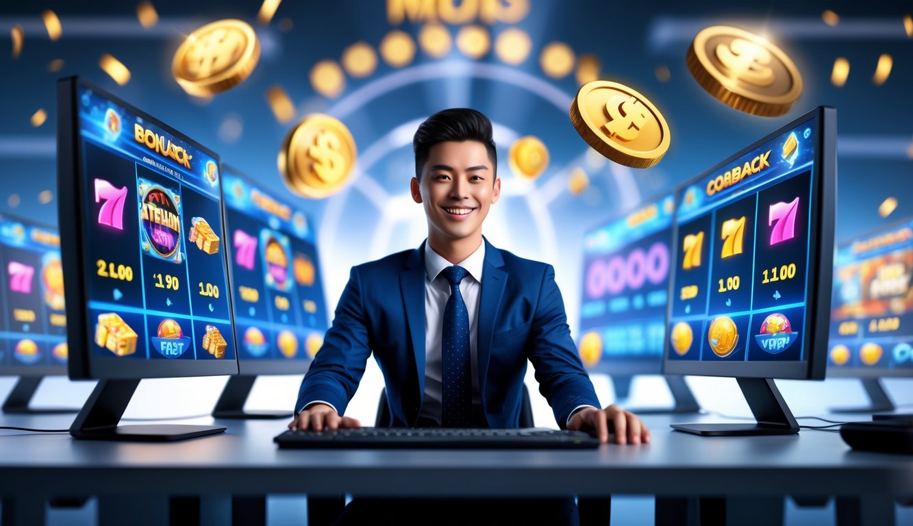 Seorang dewasa muda duduk di depan beberapa monitor komputer yang menampilkan permainan slot online dengan latar belakang grafis digital yang menunjukkan bonus dan cashback.