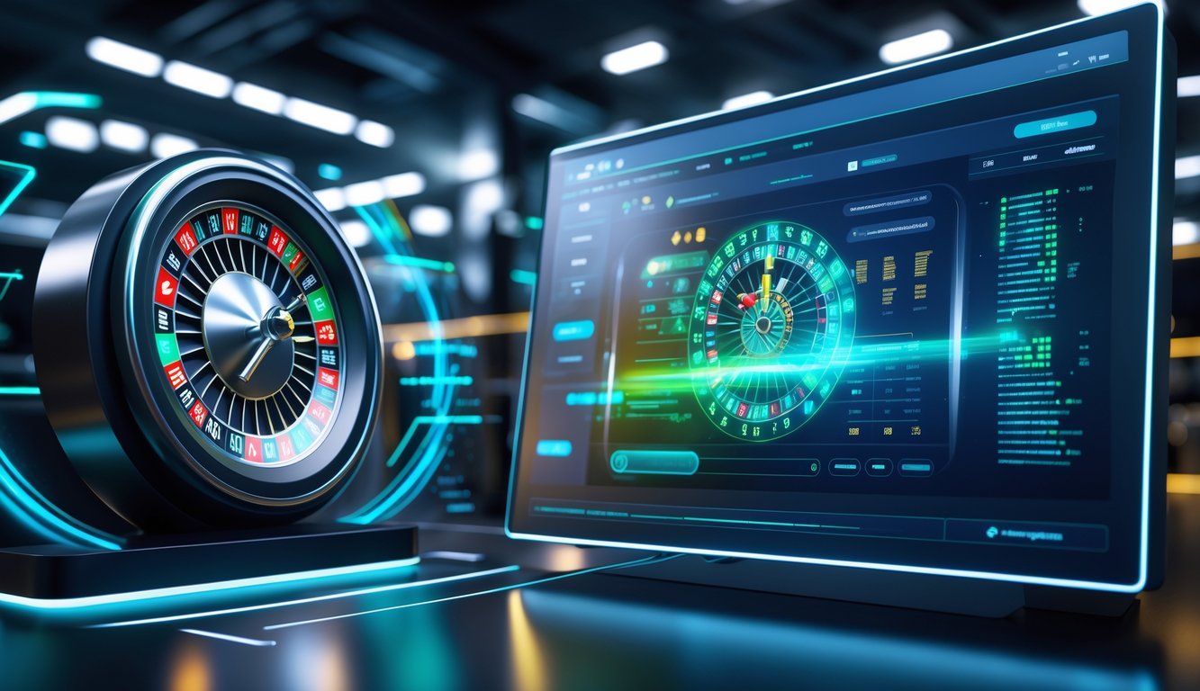 Sebuah meja roulette digital modern dengan roda roulette menyala dan tampilan layar sentuh futuristik dalam lingkungan permainan yang bersih dan terang.