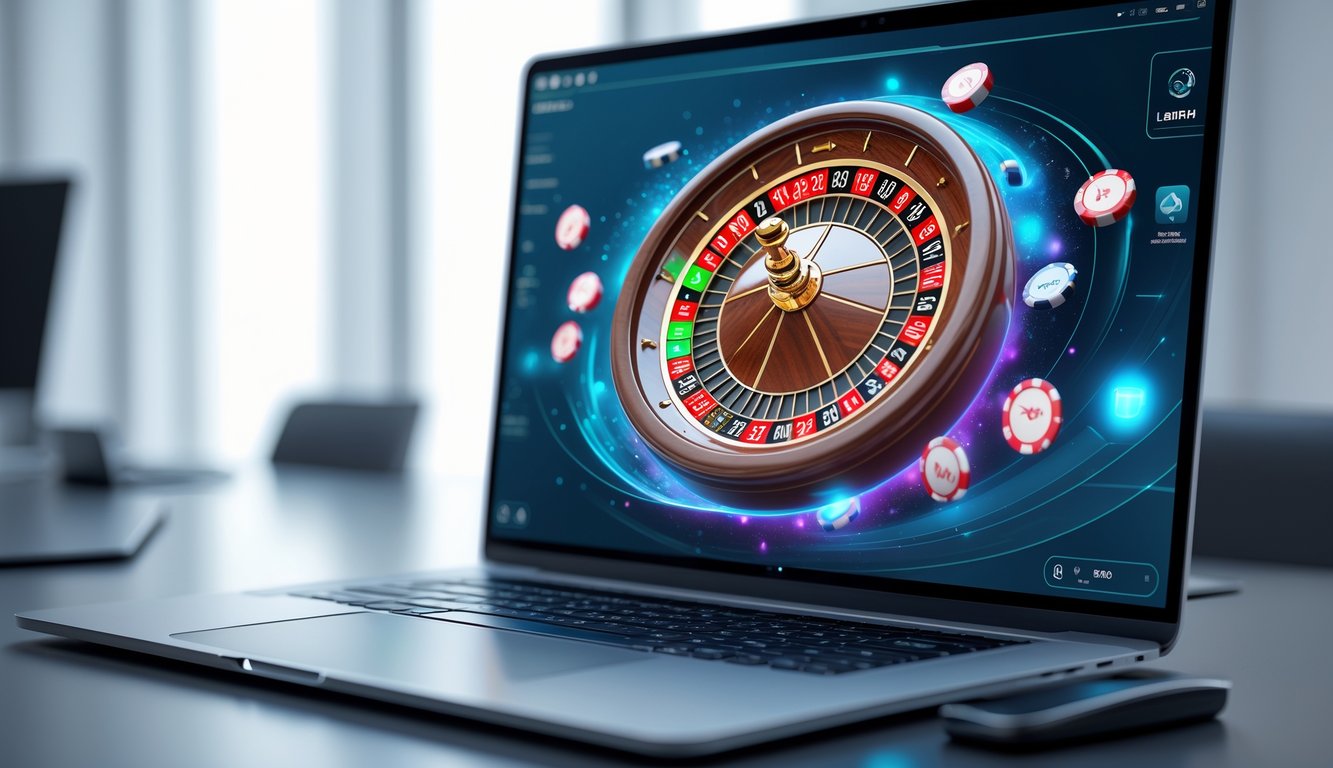 Seorang pengguna sedang bermain roulette online dengan tampilan roda roulette yang berputar di layar komputer modern.