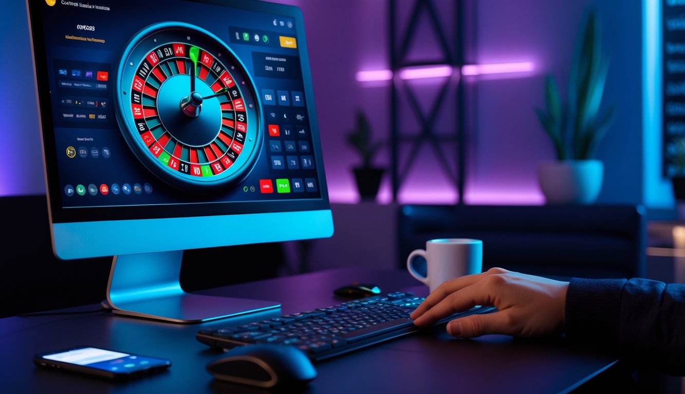 Seseorang bermain roulette online di komputer dengan tampilan roda roulette digital, di sebuah ruangan dengan pencahayaan lembut dan suasana tenang.