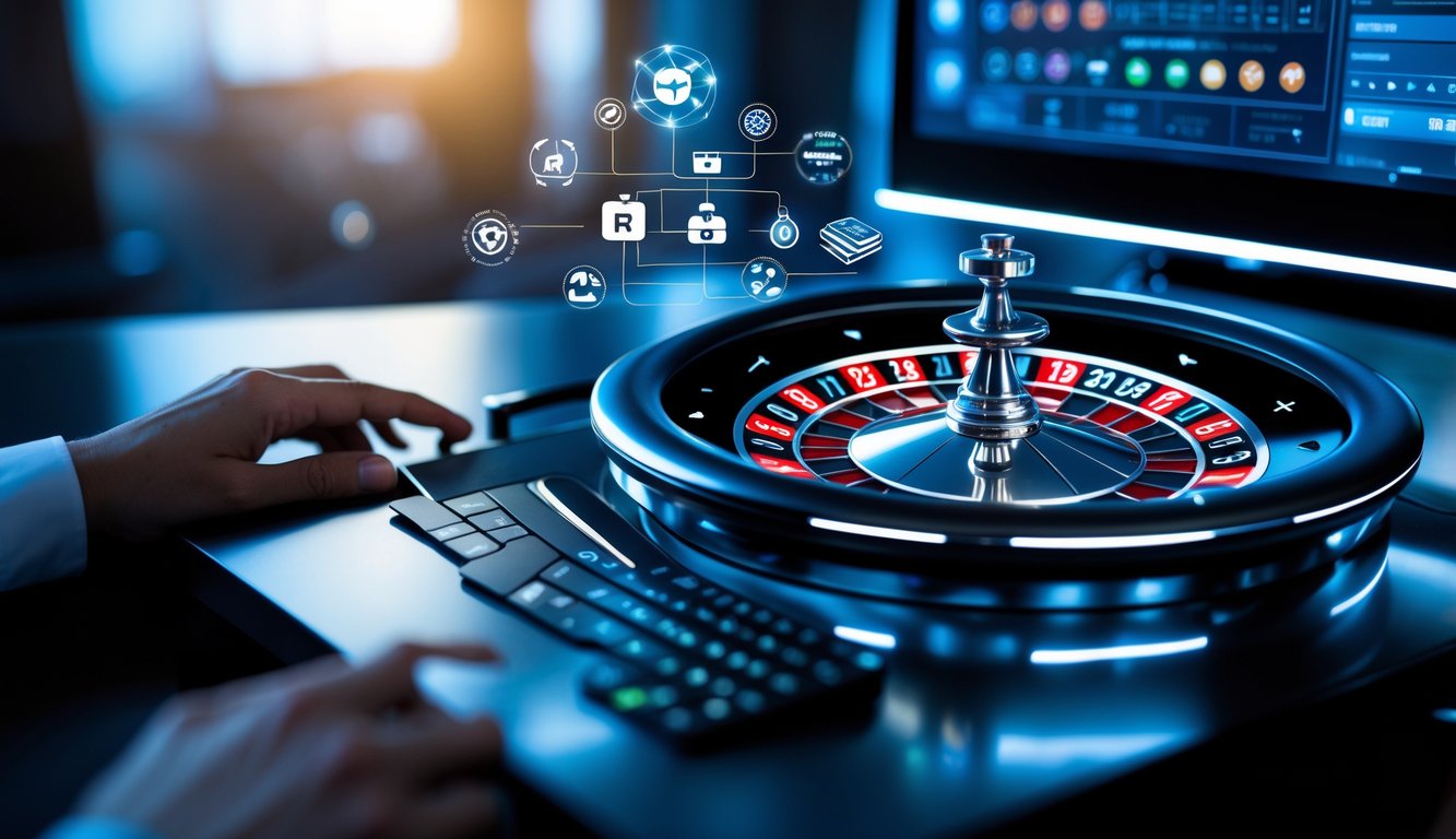 Tampilan layar komputer dengan roda roulette digital yang berwarna-warni, menunjukkan permainan roulette online yang stabil dan dapat dipercaya.