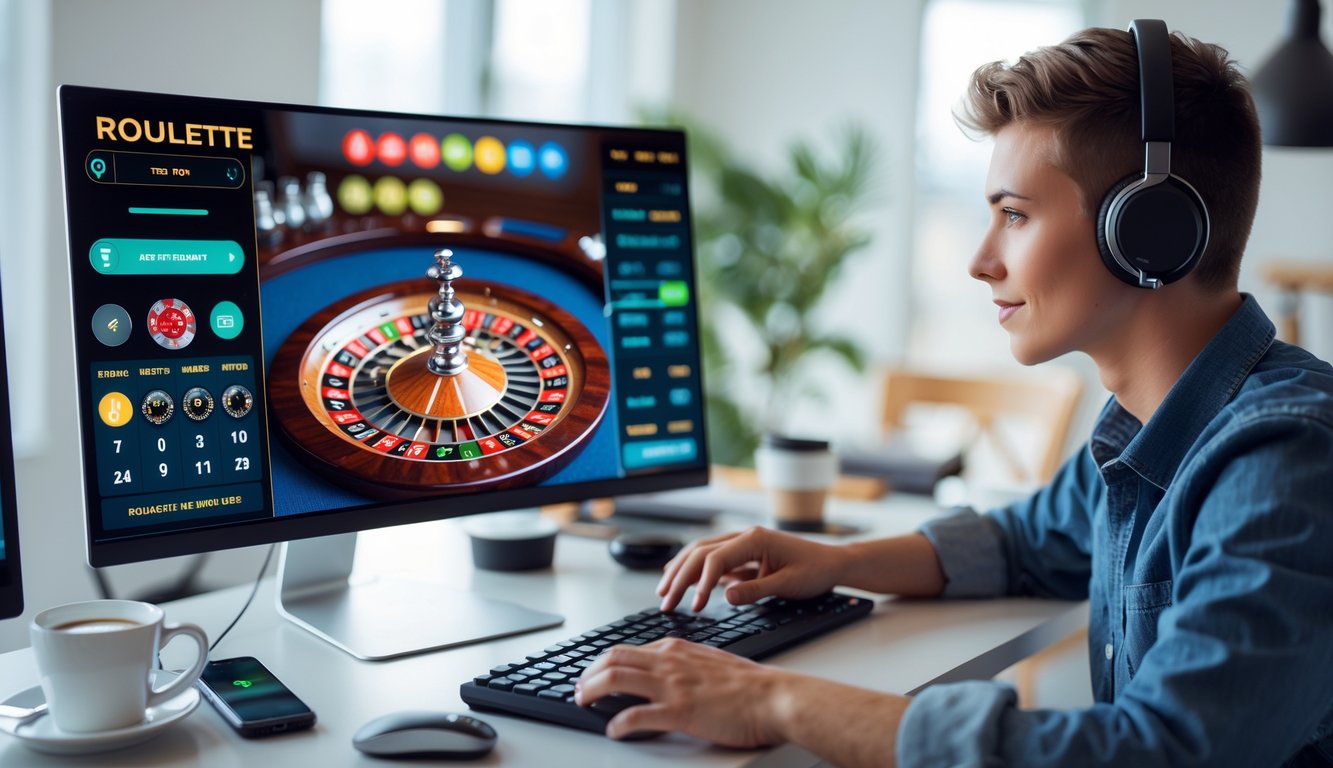 Seseorang sedang bermain roulette online di depan komputer di ruang kerja rumah yang rapi dan terang.