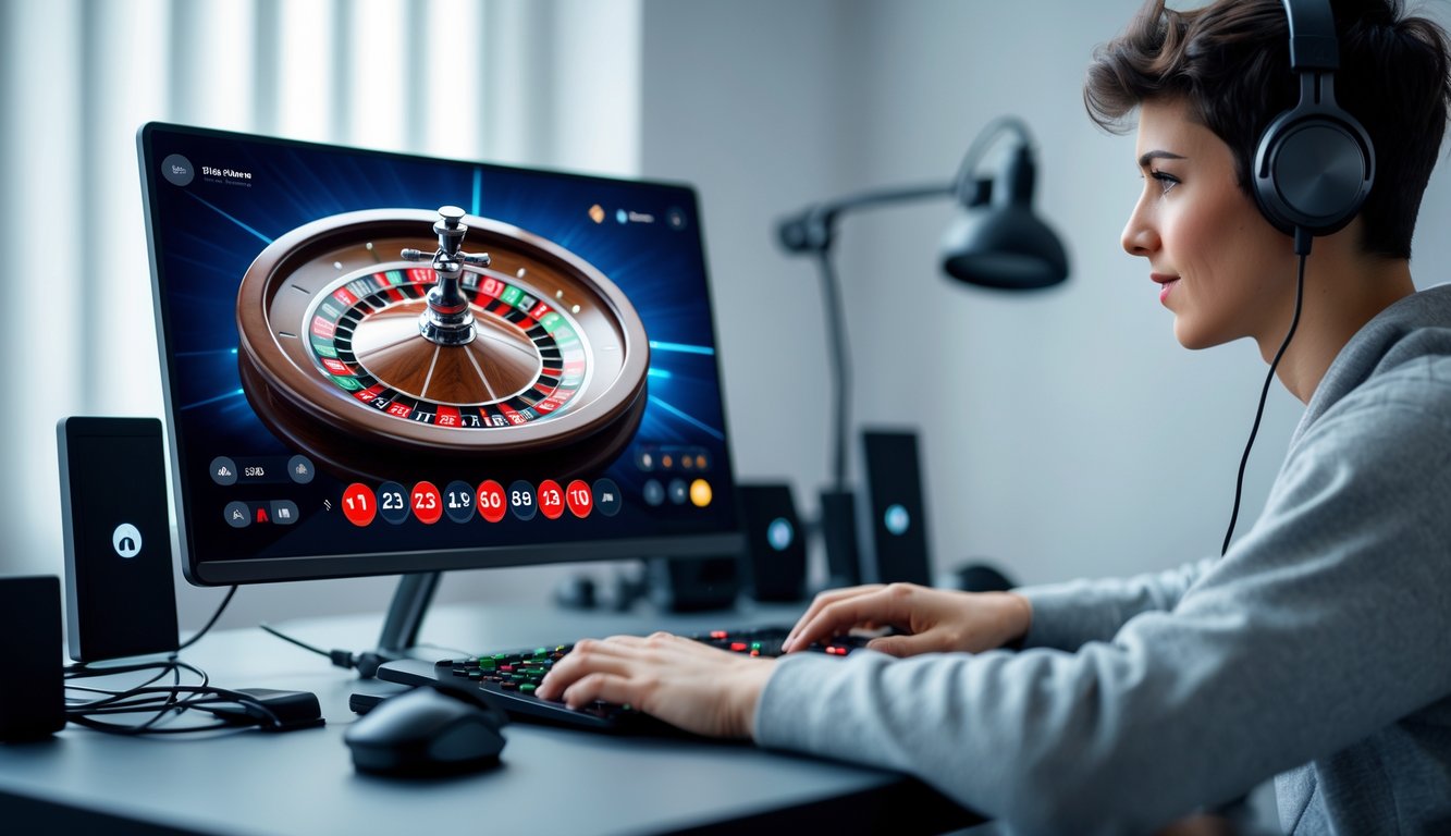 Seorang dewasa muda fokus menggunakan komputer dengan tampilan roda roulette digital yang berputar lancar tanpa jeda.
