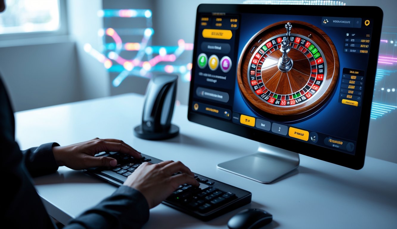 Tampilan meja kerja dengan komputer yang menampilkan permainan roulette online dan tangan seseorang yang menggunakan mouse dan keyboard.