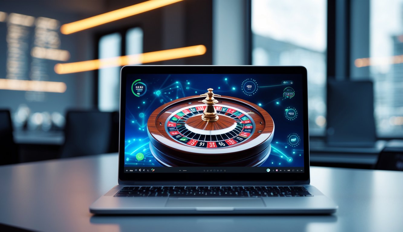 Sebuah meja kerja modern dengan komputer yang menampilkan roda roulette online yang berputar dengan lancar, dikelilingi elemen digital yang menunjukkan koneksi internet cepat.