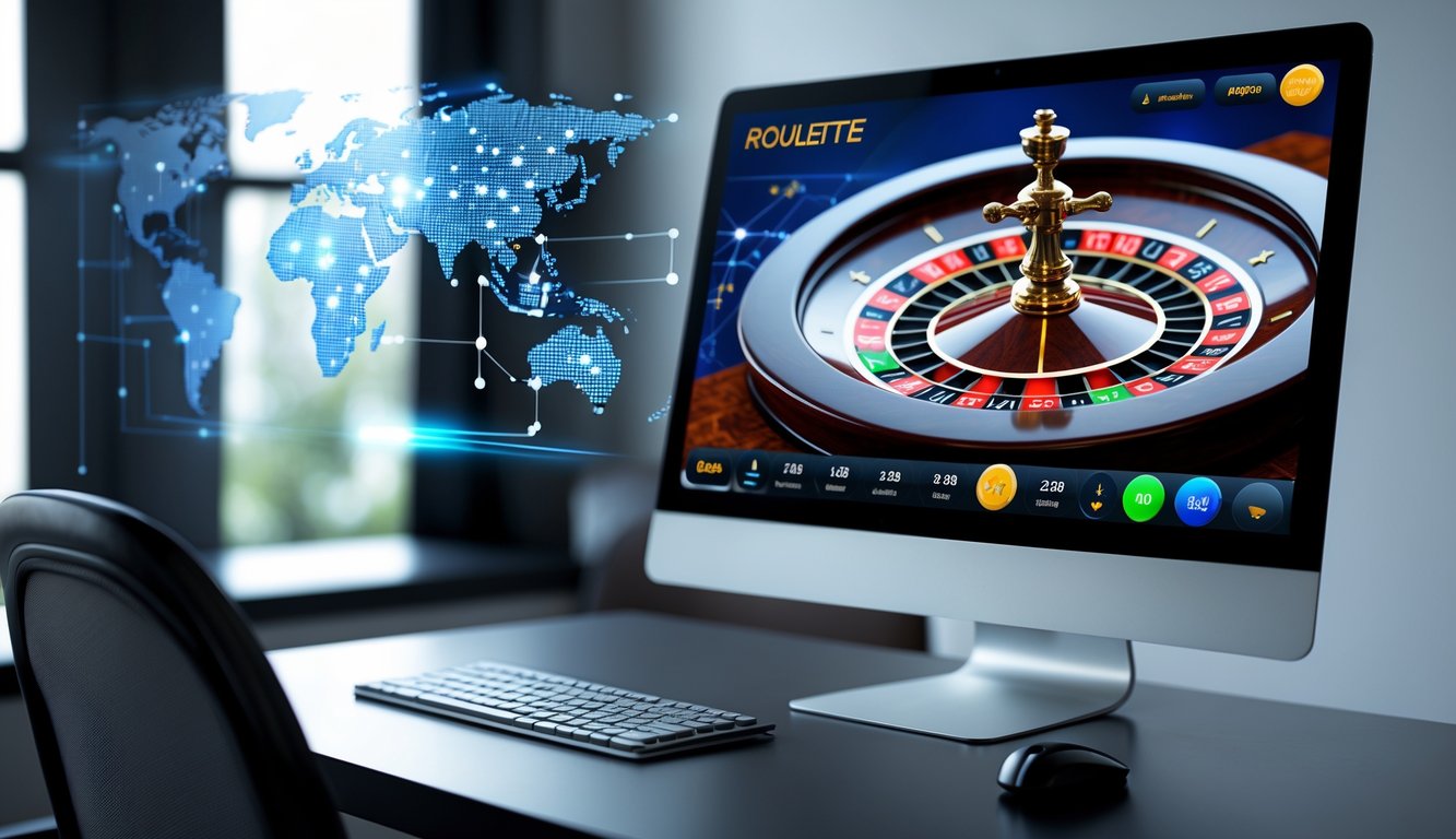 Antarmuka permainan roulette online yang ditampilkan di monitor komputer dengan latar belakang grafik jaringan digital yang menunjukkan koneksi server stabil.