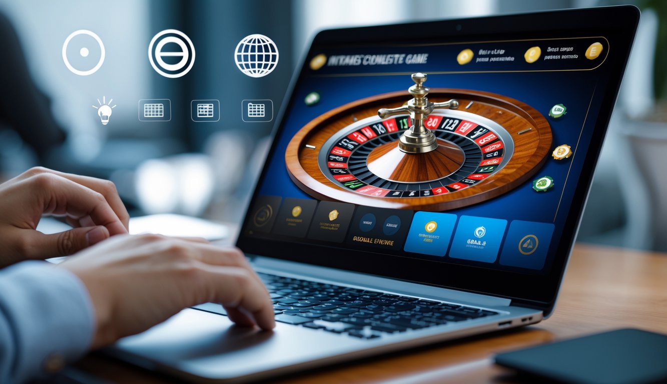 Seseorang menggunakan laptop untuk bermain roulette online dengan tampilan permainan yang jelas dan lingkungan kerja yang rapi.