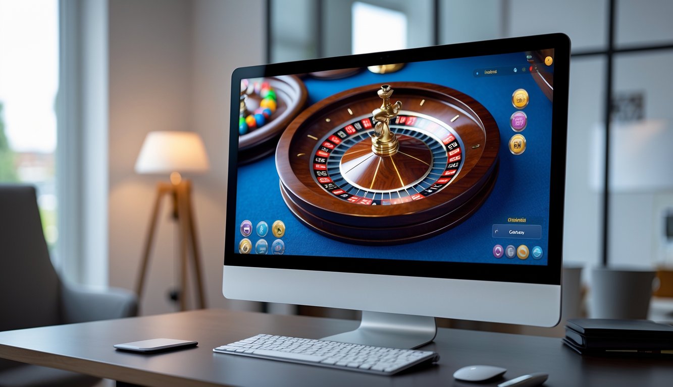Sebuah layar komputer menampilkan permainan roulette online yang berjalan lancar di ruang kerja rumah yang nyaman.