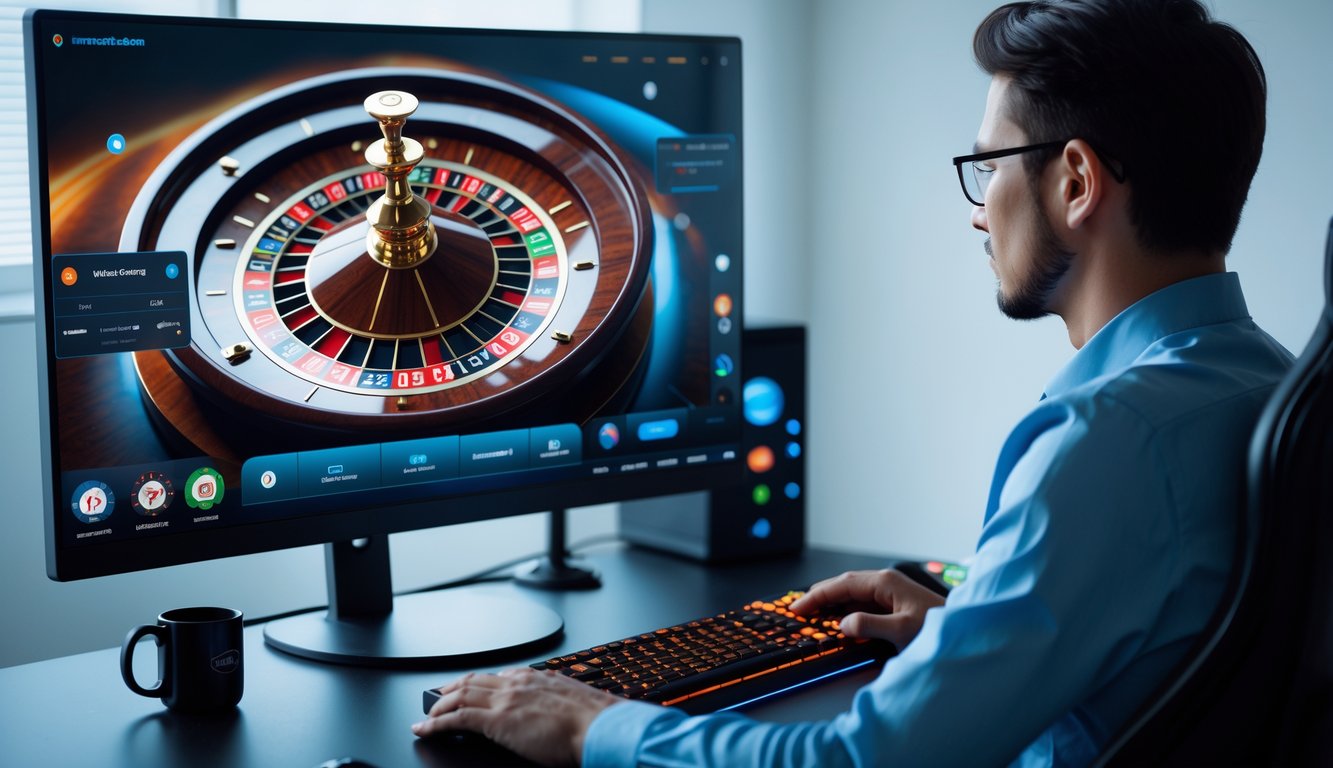 Sebuah ruangan dengan komputer yang menampilkan permainan roulette online berjalan lancar tanpa gangguan.