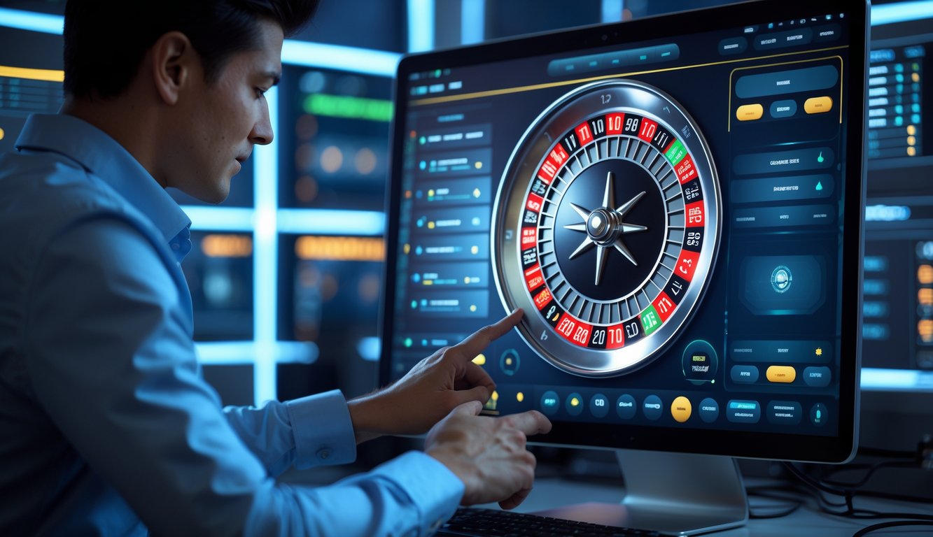 Seseorang menggunakan komputer dengan tampilan roda roulette digital yang berputar cepat, di latar belakang terdapat peralatan server dengan lampu LED yang menyala.
