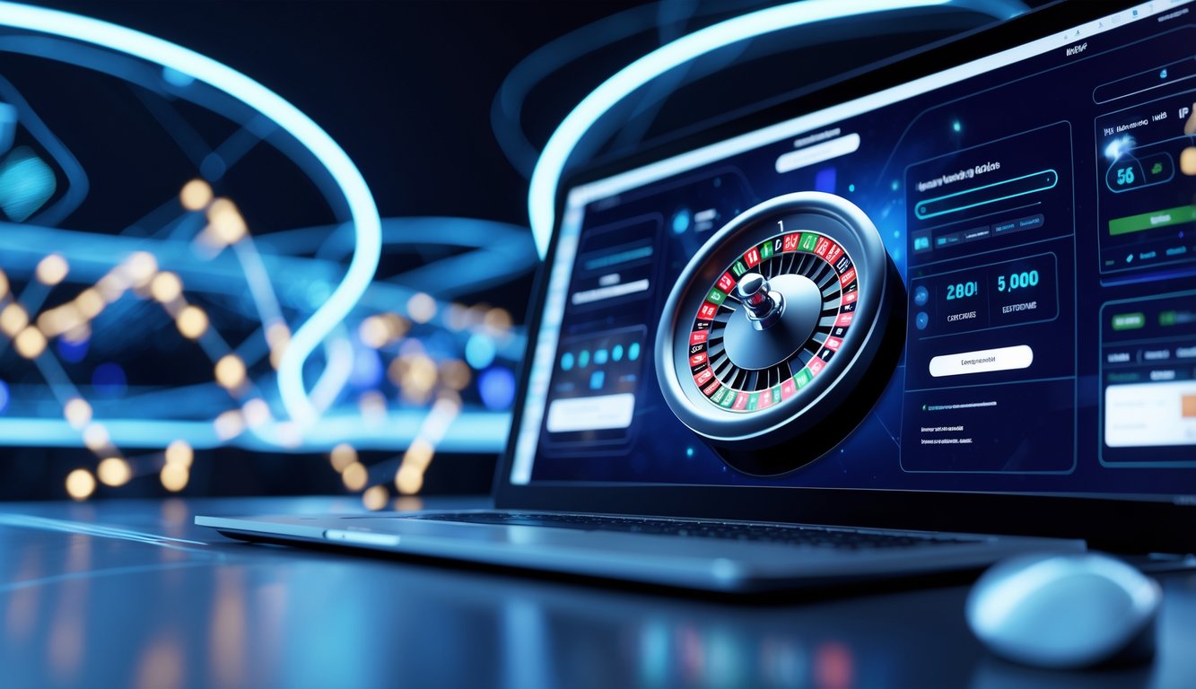 Layar perangkat digital menampilkan roda roulette online yang berputar dengan grafik taruhan waktu nyata dan latar belakang teknologi server cepat.