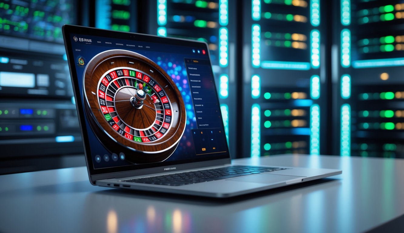 Layar laptop menampilkan permainan roulette online dengan roda roulette berputar lancar, di latar belakang terlihat ruang server dengan lampu LED biru dan hijau.