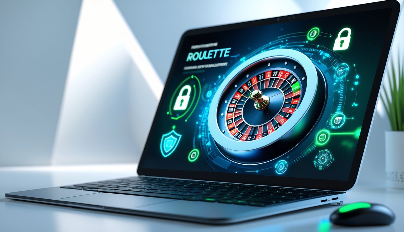 Sebuah perangkat digital menampilkan permainan roulette online dengan antarmuka modern dan elemen teknologi yang menunjukkan keamanan dan koneksi tanpa gangguan.